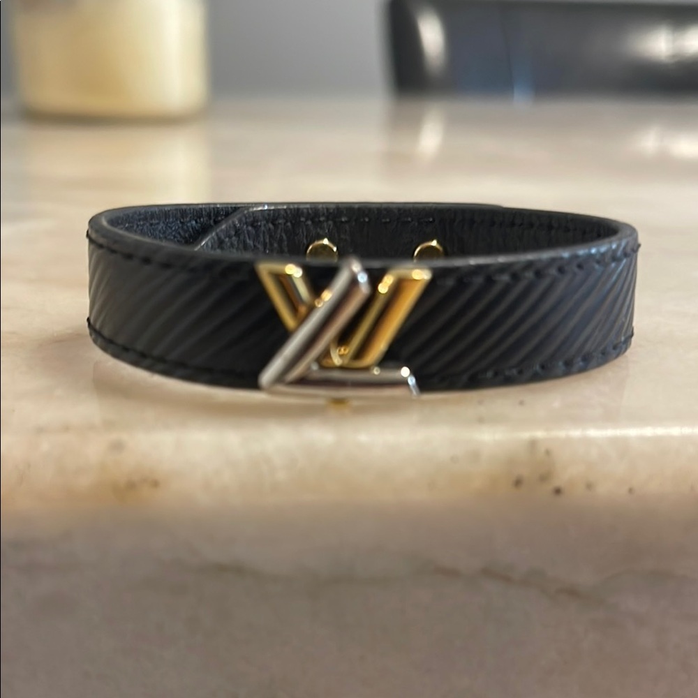 Louis Vuitton Black Leather Bracelet with Gold and Silver LV Accent